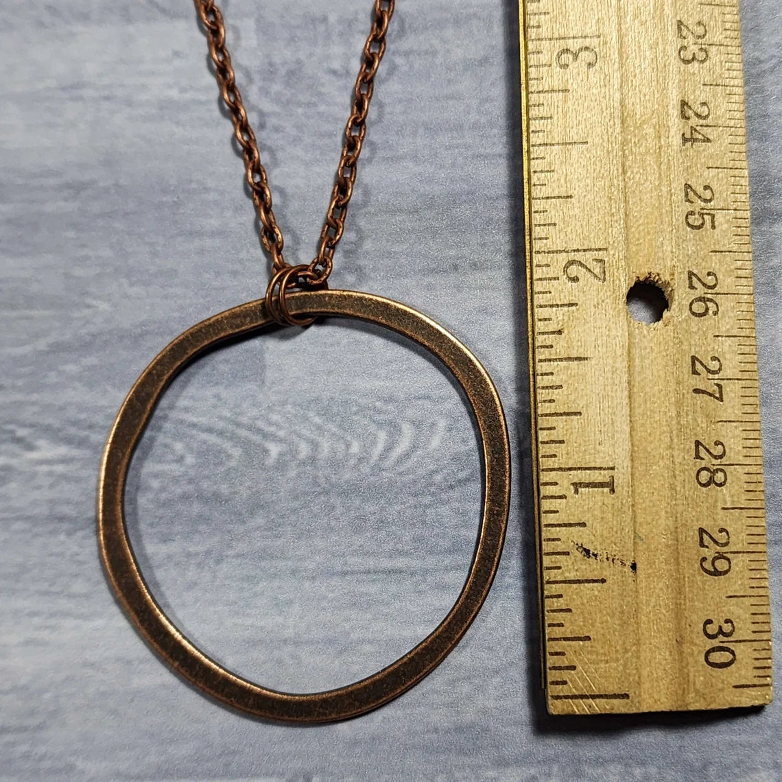 Long Boho Copper Circle Necklace, 28 Inch Antiqued Copper Layering Necklace