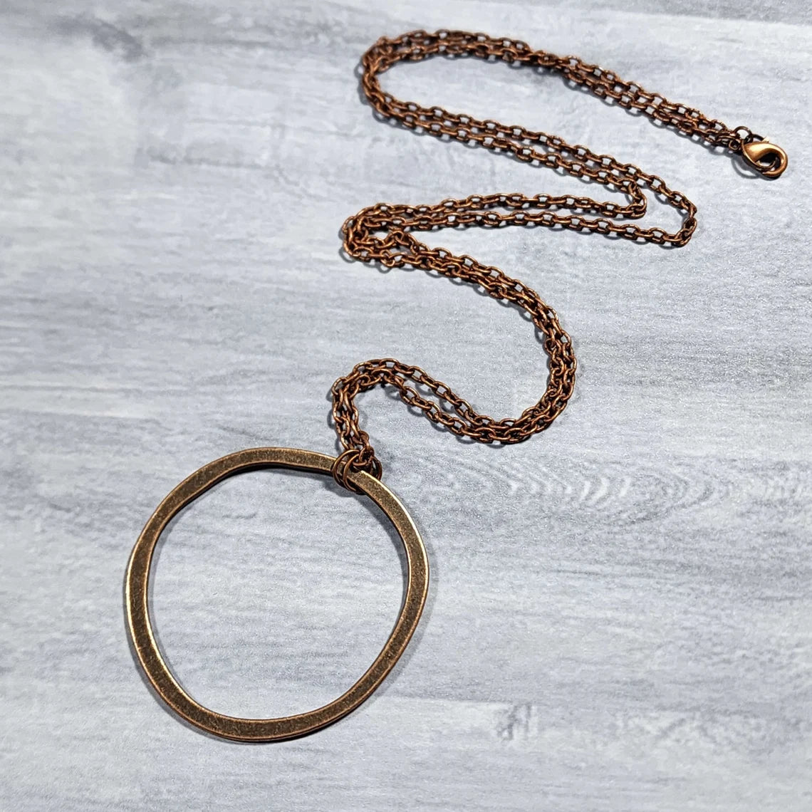Long Boho Copper Circle Necklace, 28 Inch Antiqued Copper Layering Necklace