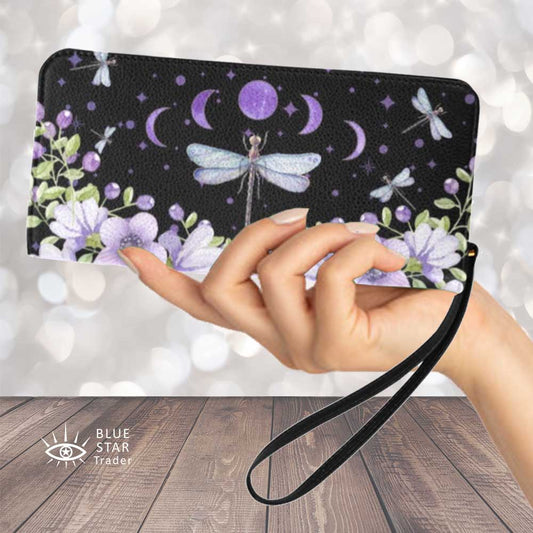 Purple Dragonflies Clutch Purse Zippered Wallet with Strap