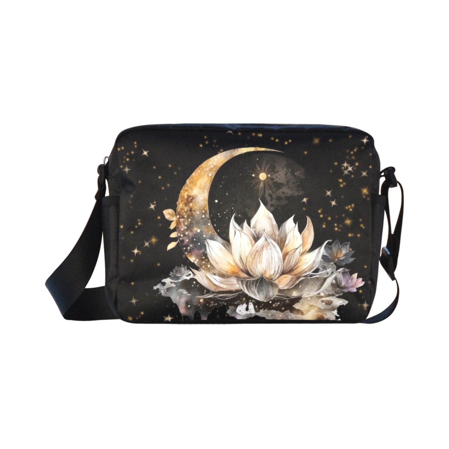 Crescent moon and lotus flower nylon bag with zipper