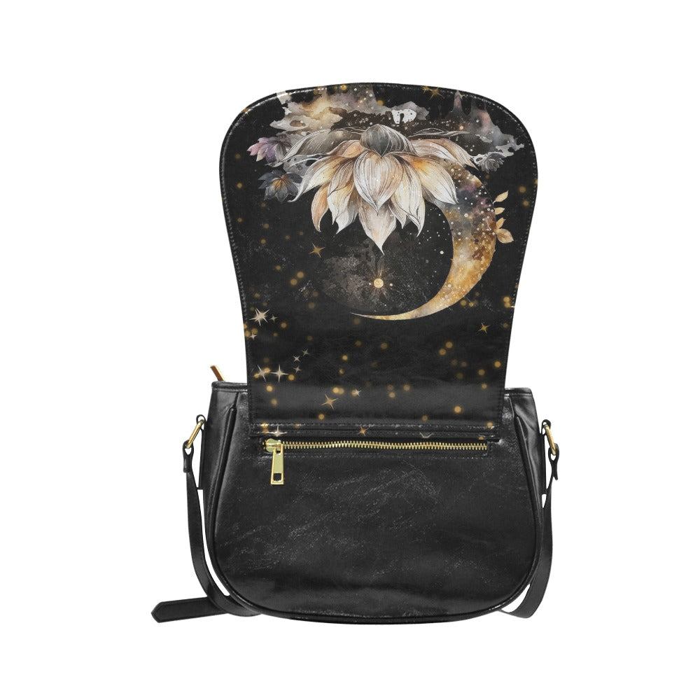 dark cottagecore witchy crescent moon lotus flower purse, crossbody bag