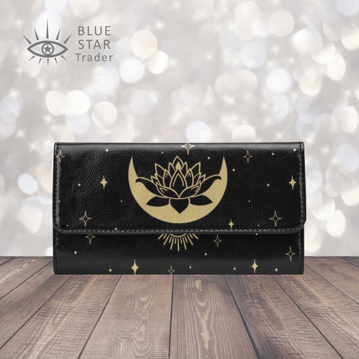 Moon and Lotus Flower Black Trifold Wallet Womens 7.5 Inch