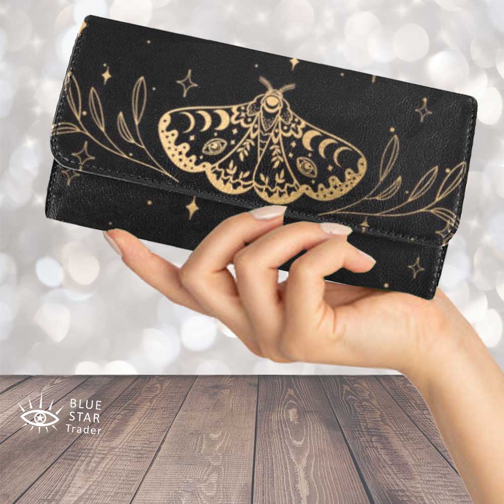 Witchy Moth Trifold Wallet with Leaves