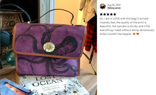 5 star review for BlueStarTrader.com purple octopus Goth handbag, purse, cross body bag