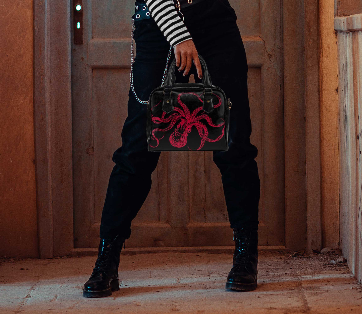 Black and Red Octopus Tentacles Purse, Goth Bowler Bag