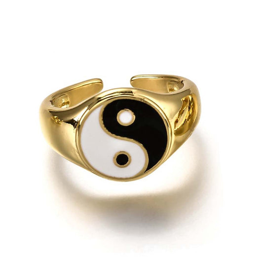 Gold Enamel Yin Yang Ring, Size 6.5