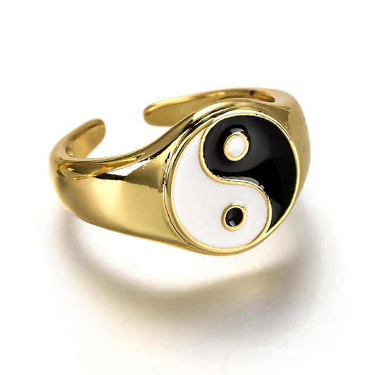 Gold Enamel Yin Yang Ring, Size 6.5