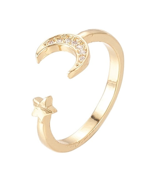 Moon and Star Ring, Gold Brass Size 5