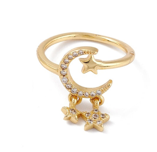 Gold Moon and Stars Charm Ring Size 6