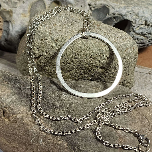 Long Boho Silver Circle Necklace, 28 Inch Layering Necklace