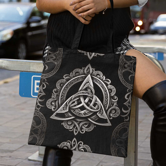Triquetra Black Witch Tote Bag, Cute Celtic Trinity Knot Grocery Bag