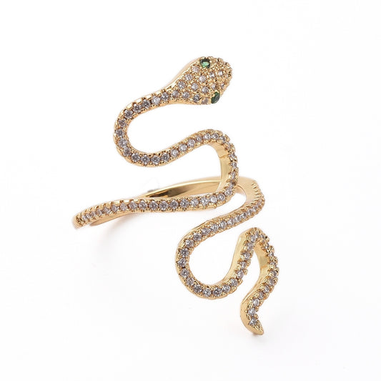 Gold Snake Ring Size 6 with CZs and Green Eyes