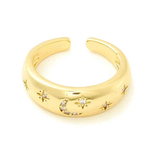 Moon and Stars CZ Band Ring, Gold Brass Size 7