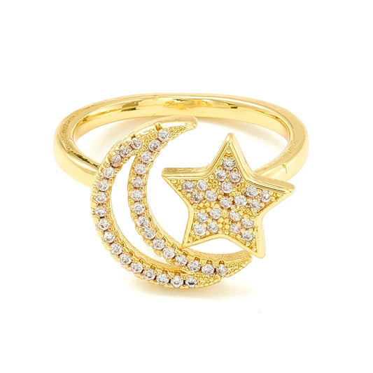 Gold Moon and Star CZ Ring Size 7