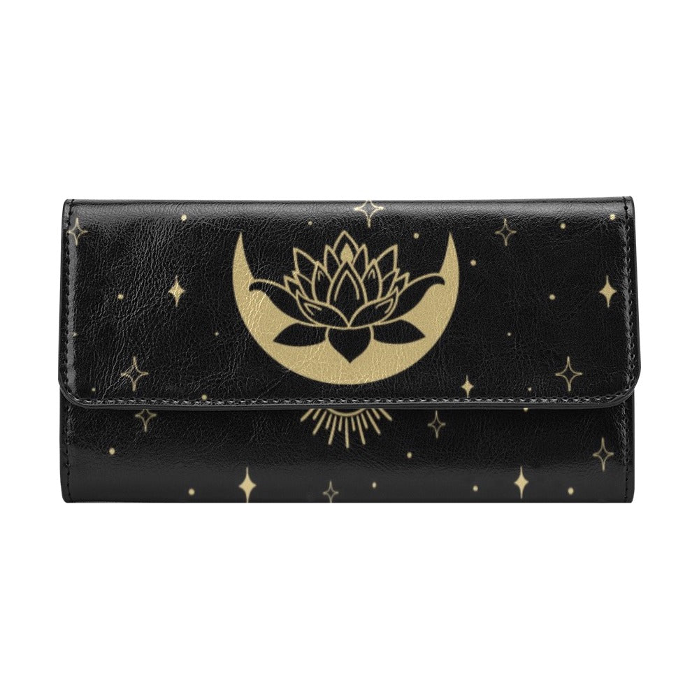 Moon and Lotus Flower Black Trifold Wallet Womens 7.5 Inch