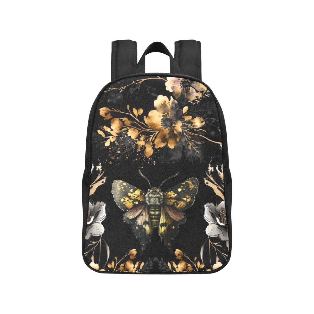 gold and black luna moth and flowers back pack