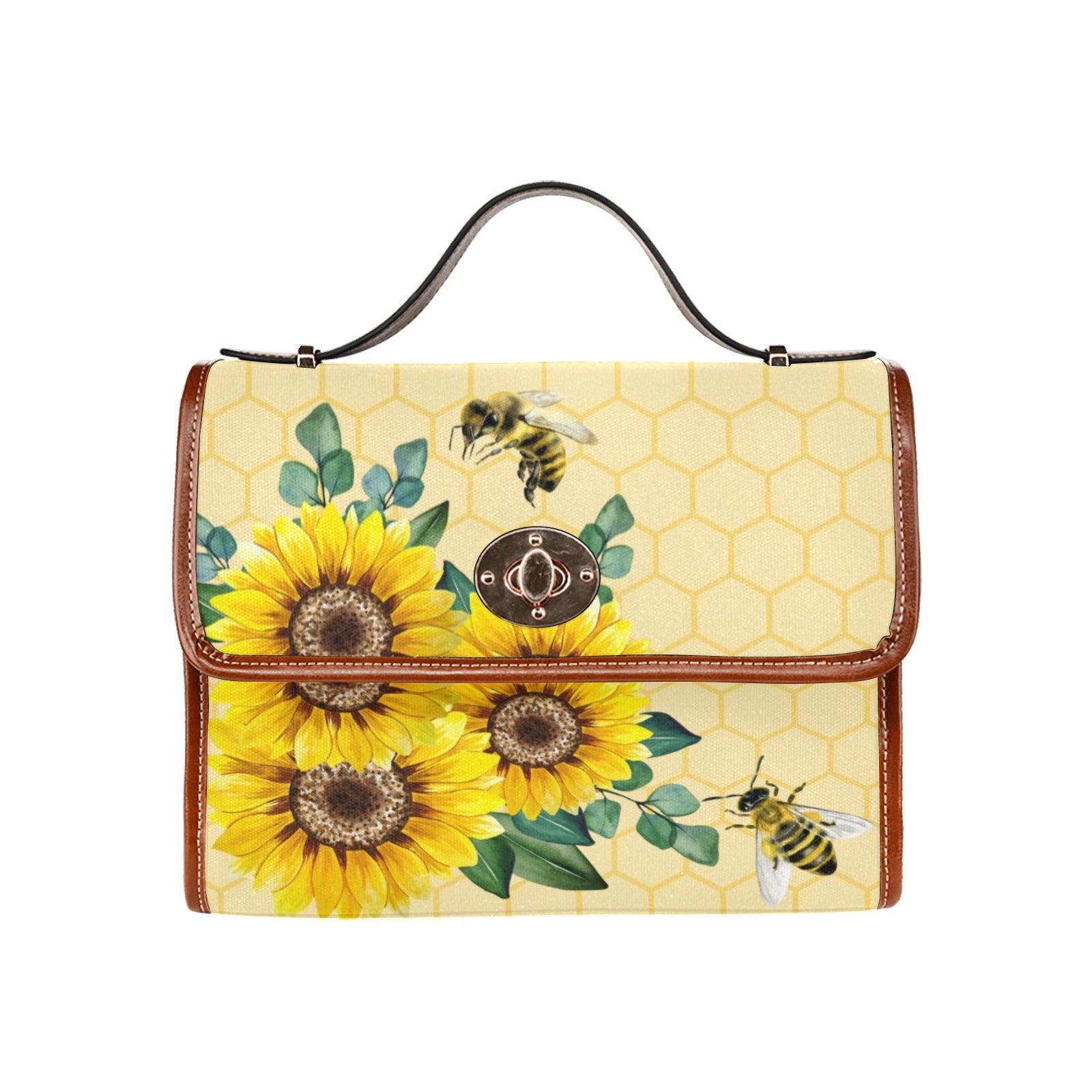 Yellow Sunflowers and Honey Bee Canvas Satchel Handbag Purse Cross Body Bag