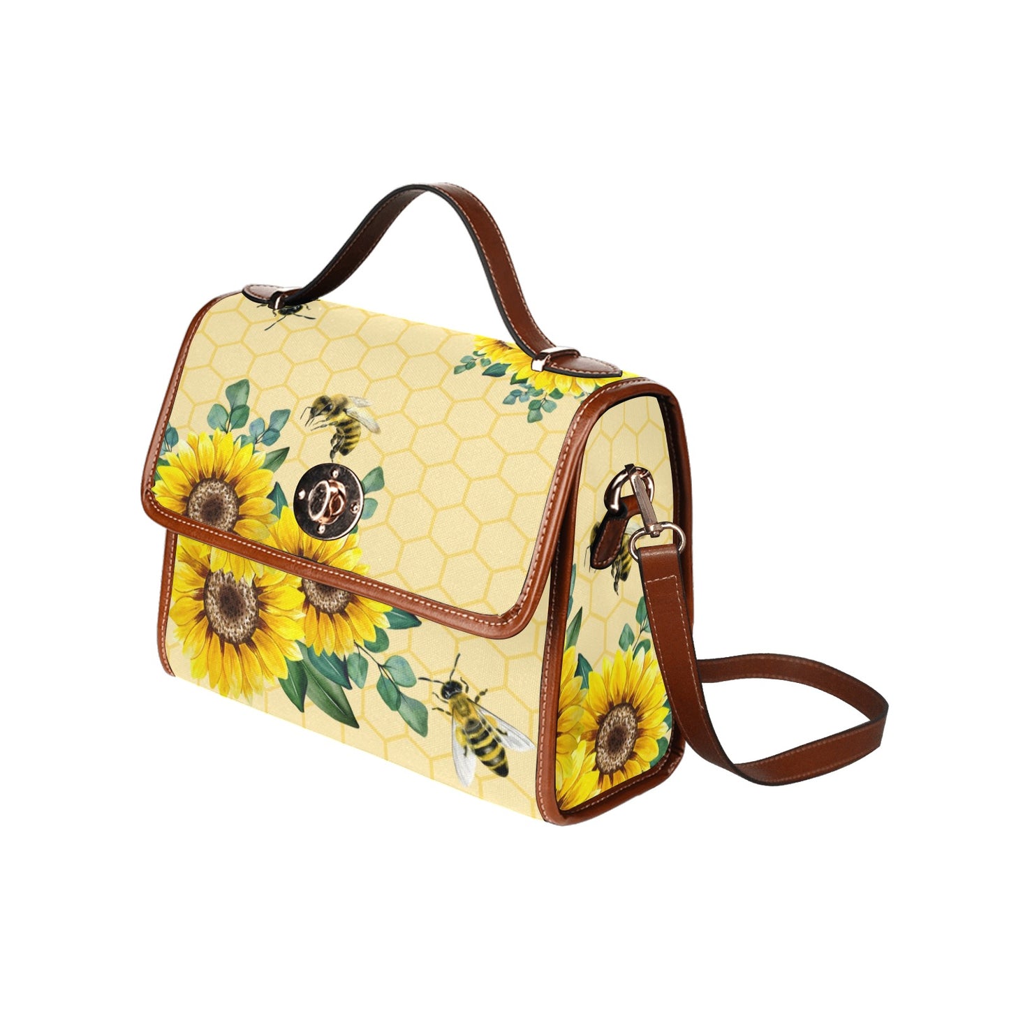 Yellow Sunflowers and Honey Bee Canvas Satchel Handbag Purse Cross Body Bag