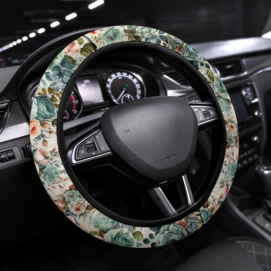 Vintage Green Flowers Steering Wheel Cover