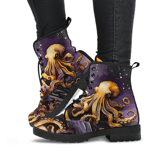 goth purple octopus boots, combat boots