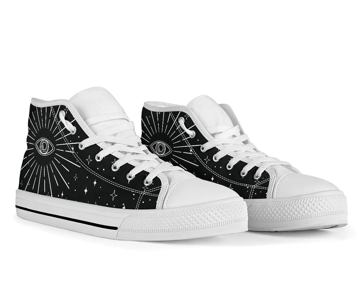 psychic eye shoes, black high top sneakers, witchy shoes