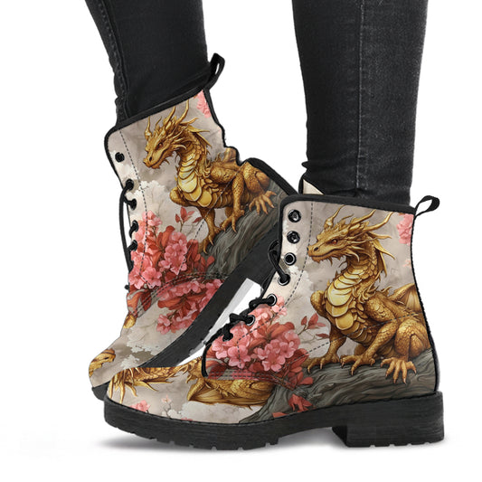 gold dragon boots, dnd gift, cherry blossom ankle boots