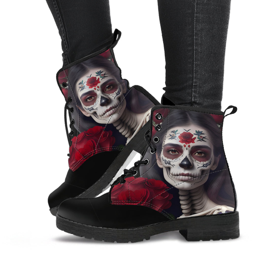 Day of the Dead Girl & Red Roses Boots, Skull and Crossbones, Combat Boots, Vegan Boots, Ankle Boots, Spooky Creepy Costume Goth Boots