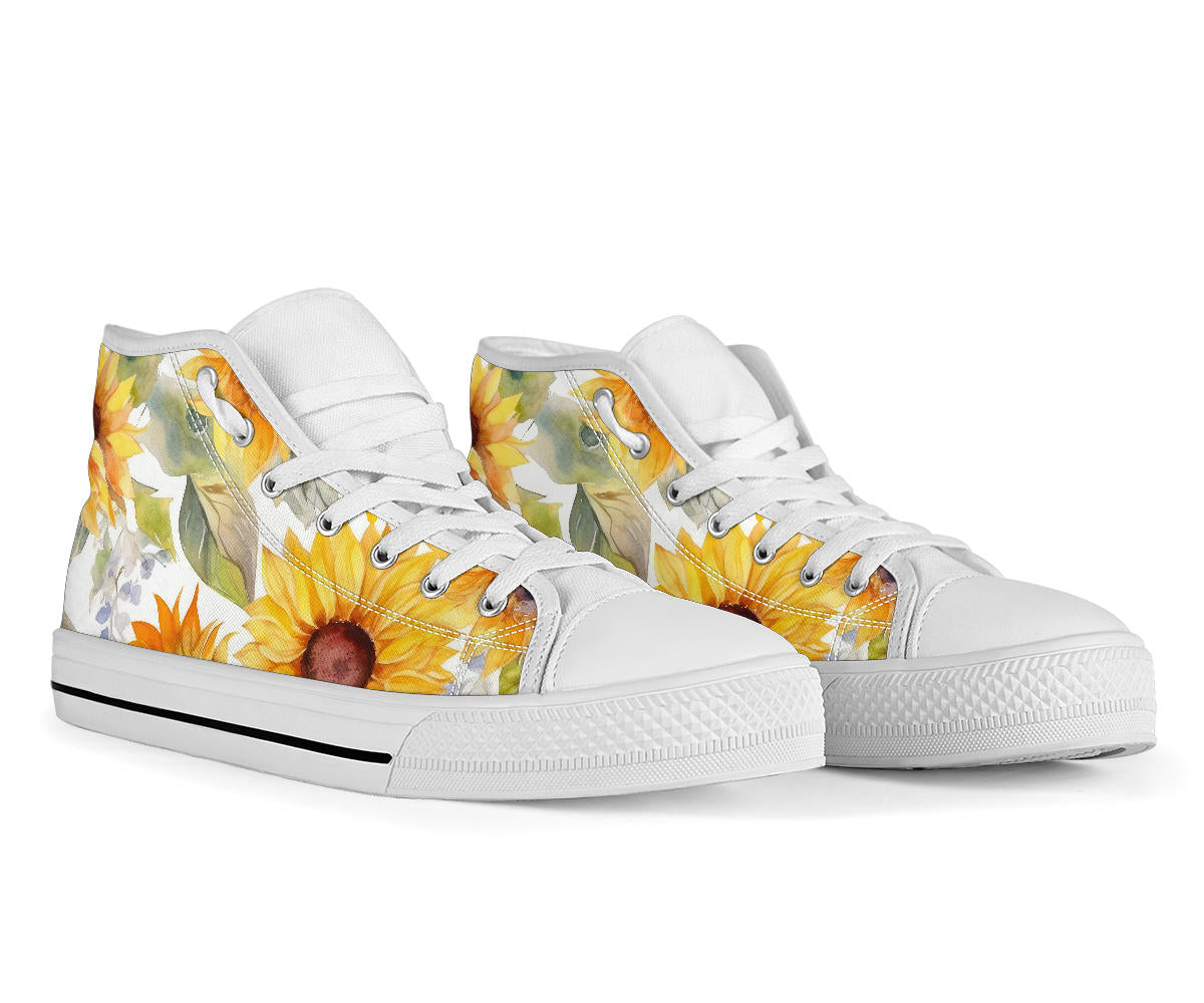 summer sneakers, sunflower high top shoes, yellow flowers