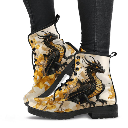 Black Gold Dragons Combat Boots Design #LN510