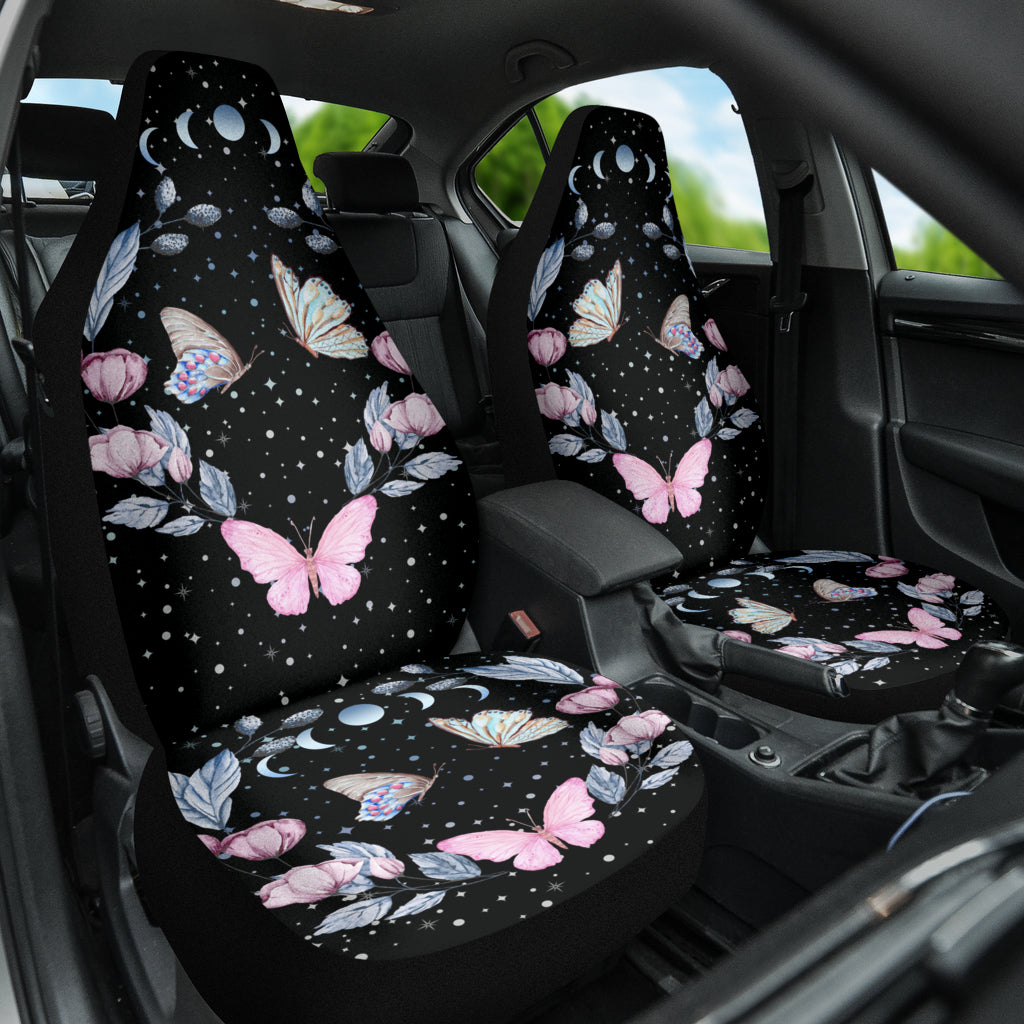Pastel butterflies car seat covers, celestial, moon phases, witchy, blue, pink