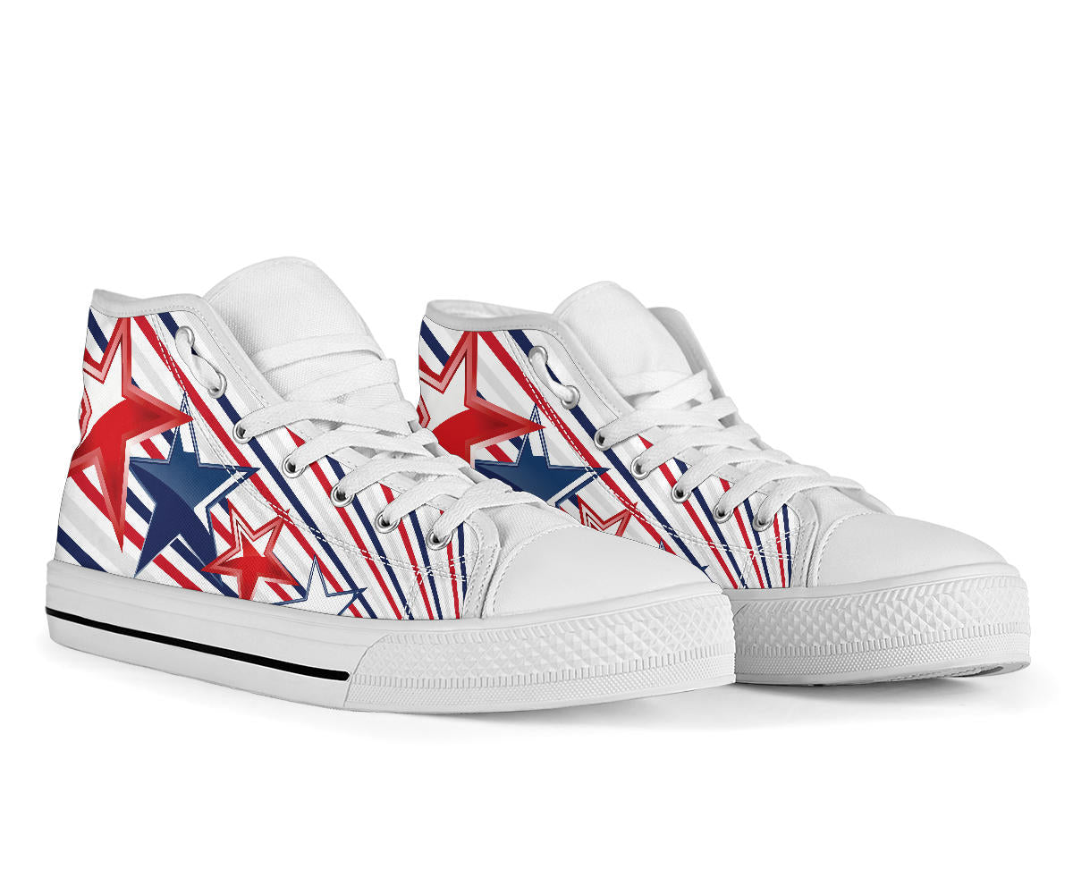 patriotic shoes, USA high top sneakers, red white blue shoes, stars
