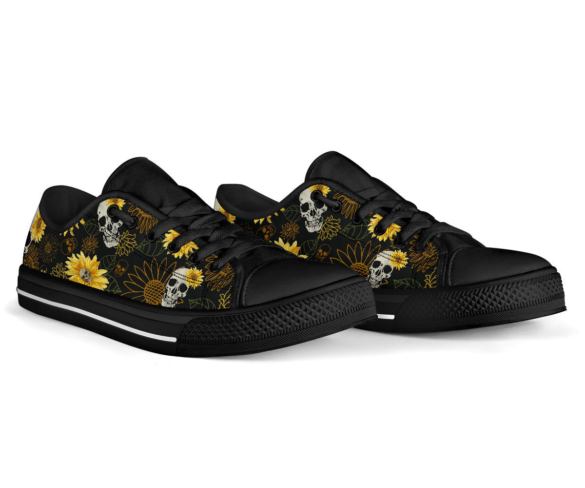 skulls and sunflowers sneakers, black low top shoes, Goth shoes, punk shoes