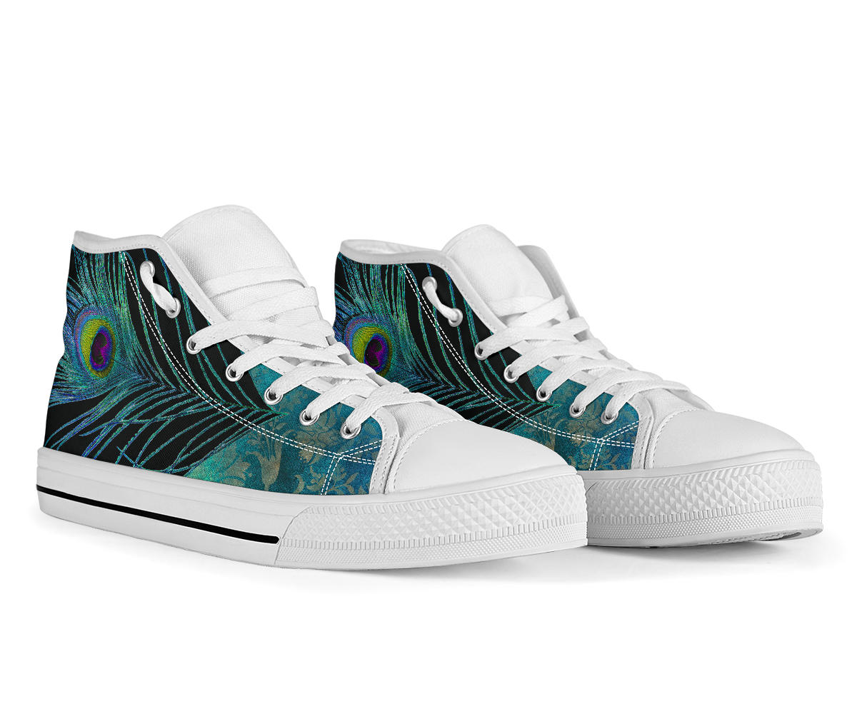 Teal Peacock Feather White High Top Shoes Sneakers