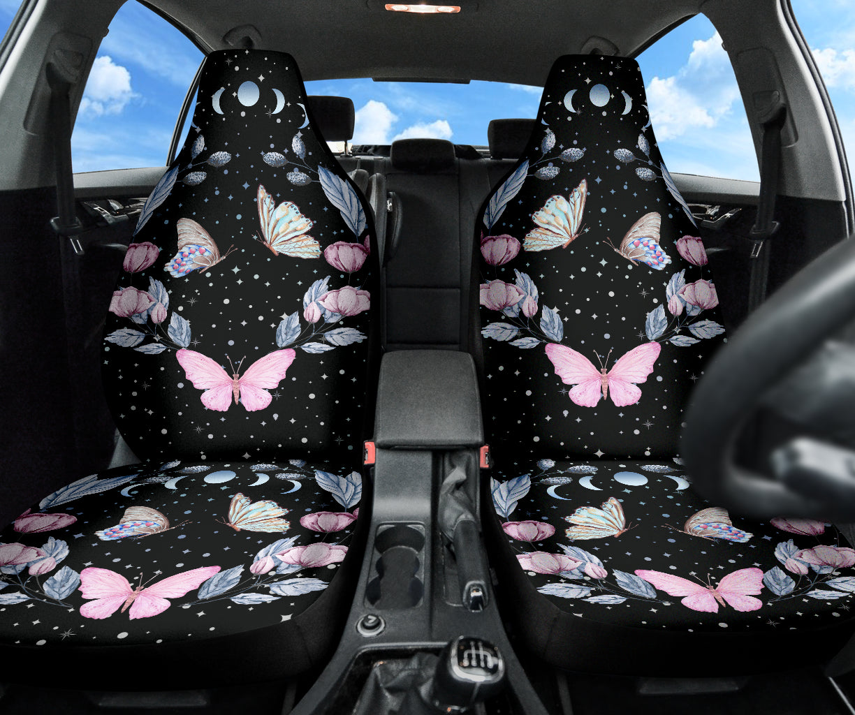 Pastel butterflies car seat covers, celestial, moon phases, witchy, blue, pink