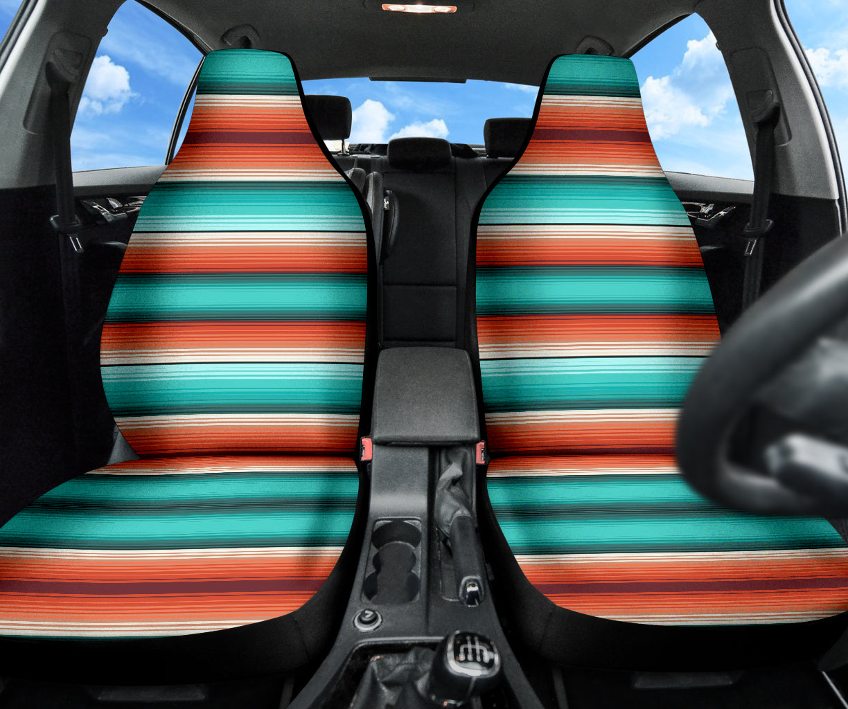 turquoise orange serape car seat covers, striped seat covers, Southwestern, Baja
