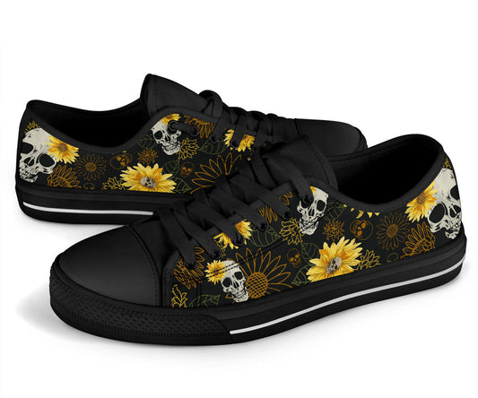 skulls and sunflowers sneakers, black low top shoes, Goth shoes, punk shoes
