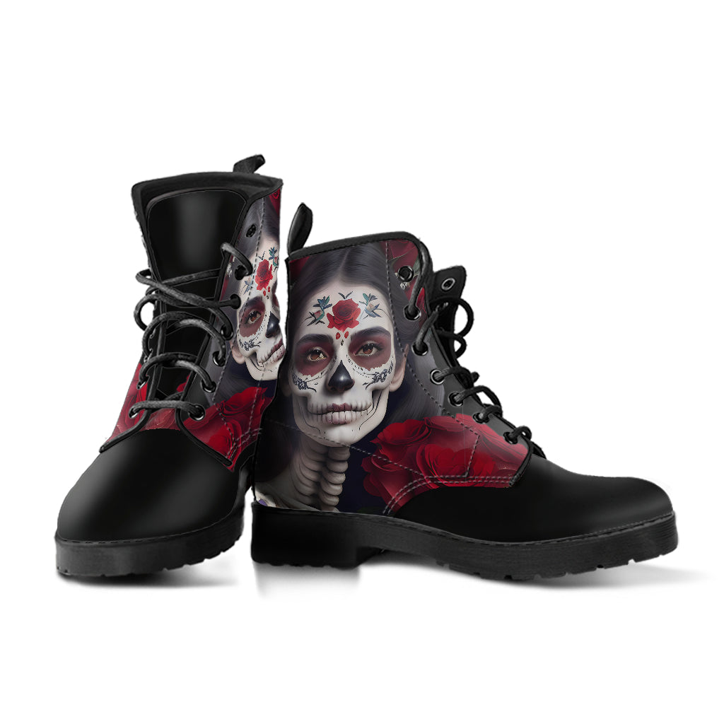 Day of the Dead Girl & Red Roses Boots, Skull and Crossbones, Combat Boots, Vegan Boots, Ankle Boots, Spooky Creepy Costume Goth Boots