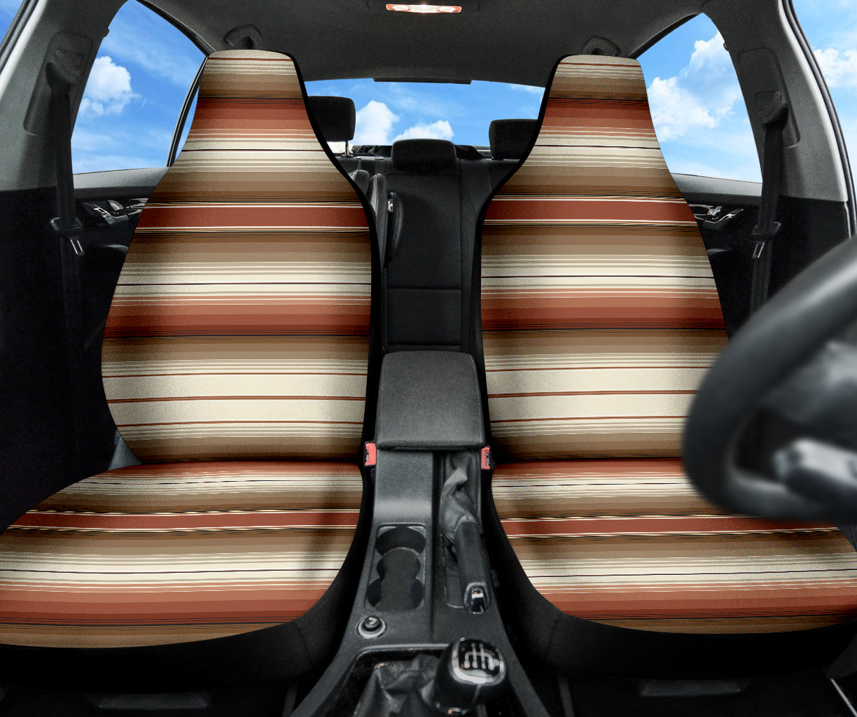 brown serape car seat covers, rust brown striped seat covers, Mexican blanket print, Southwestern, Baja