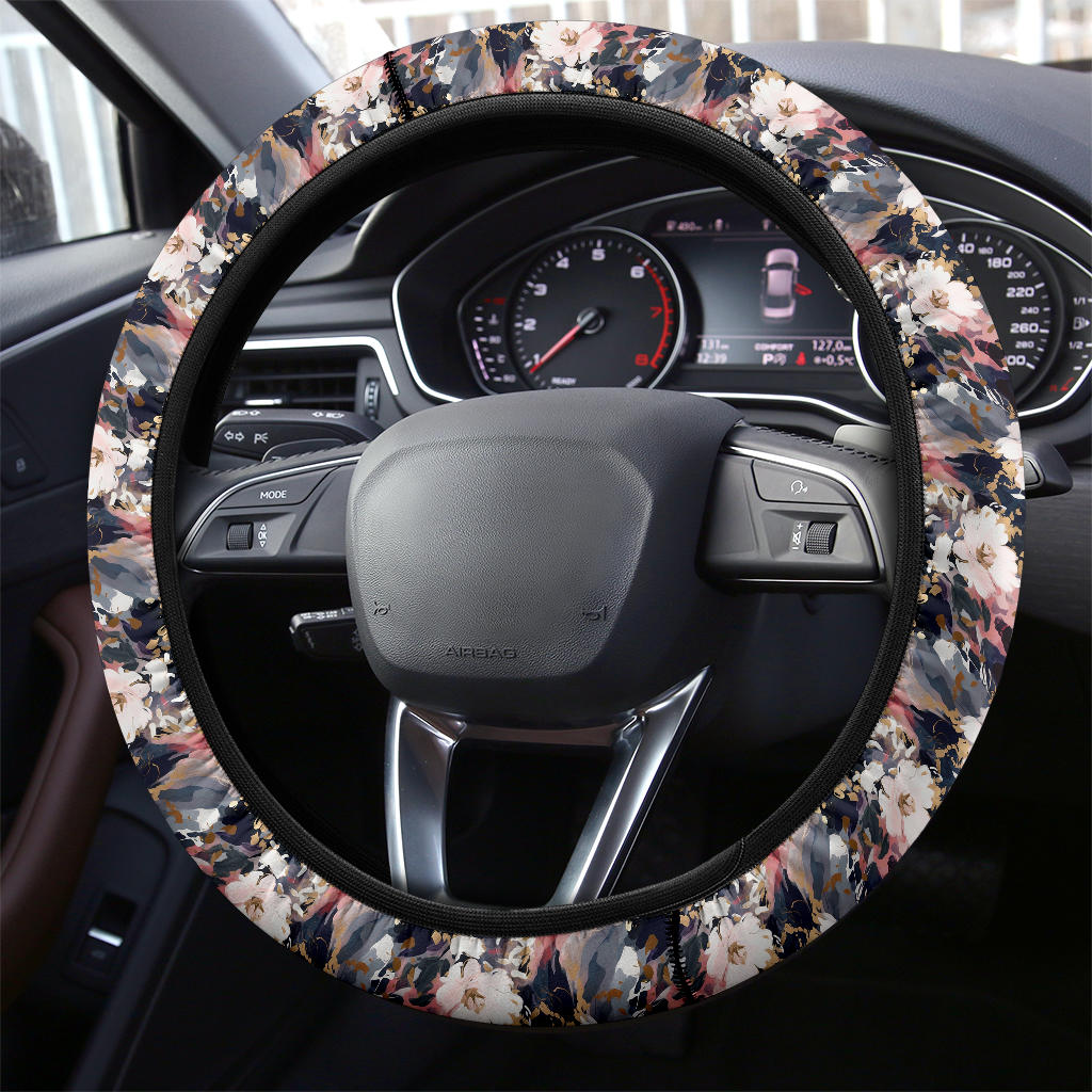 Black Pink Floral Steering Wheel Cover