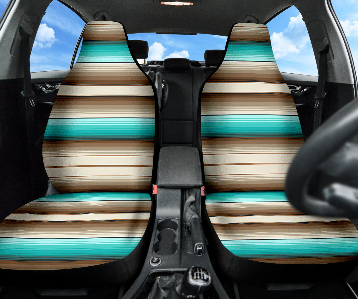 Serape car seat covers, turquoise blue and tan car seat covers, Southwestern, Baja
