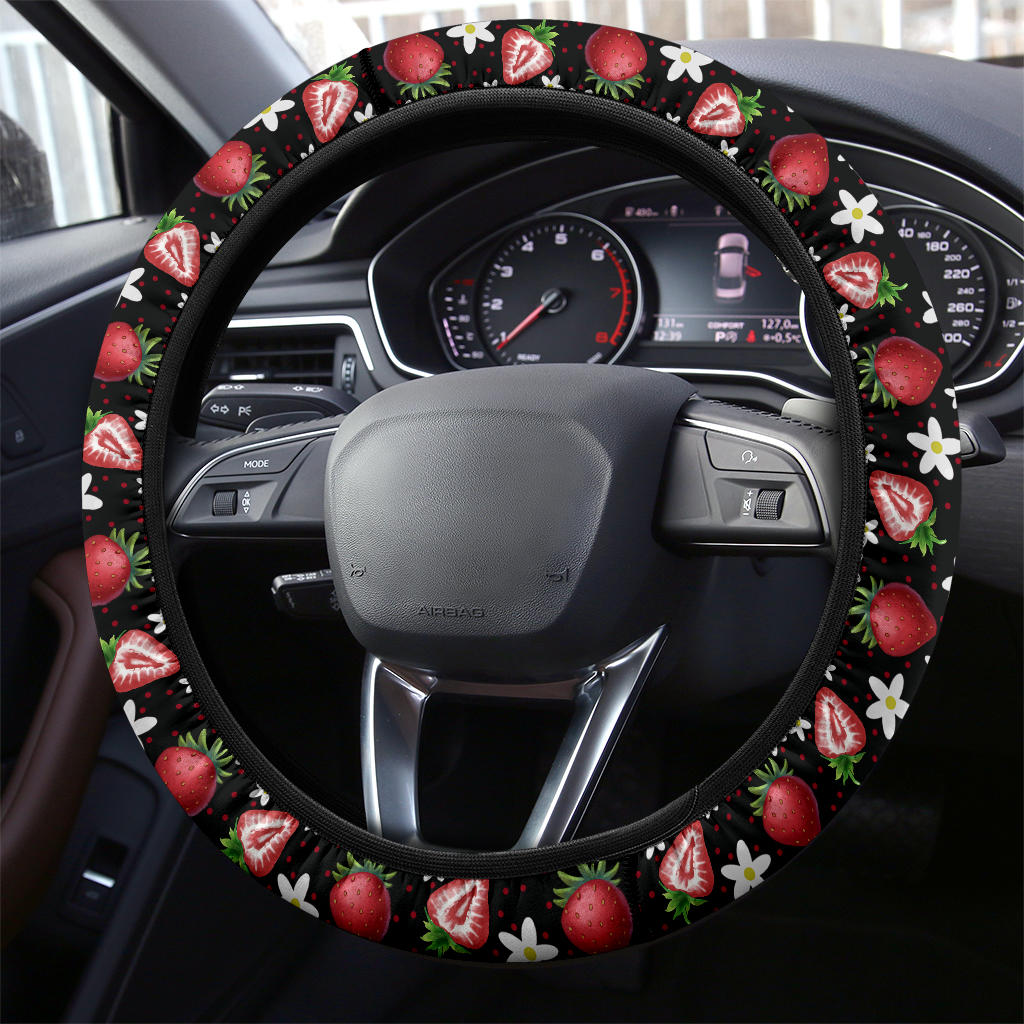 Black Strawberries Steering Wheel Cover