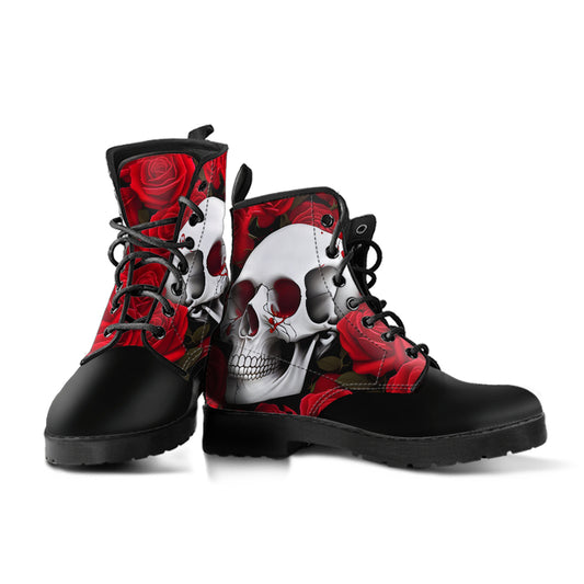 Mens Boots, Skull & Red Roses Boots, Skull and Crossbones, Combat Boots, Vegan Boots, Ankle Boots, Spooky Creepy Costume Goth Boots
