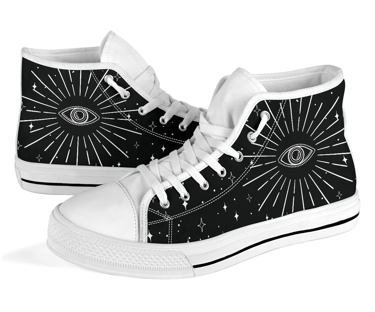 psychic eye shoes, black high top sneakers, witchy shoes