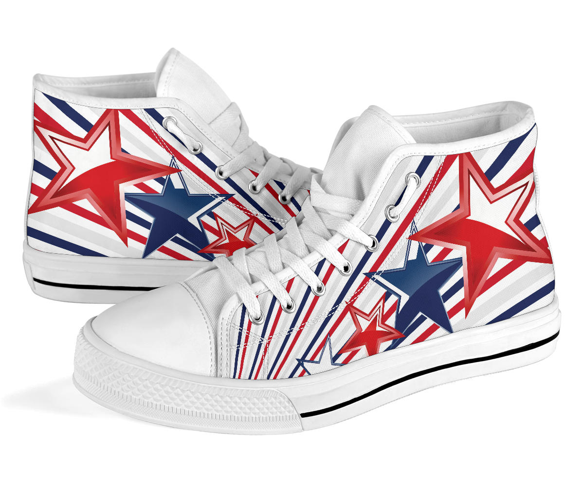 patriotic shoes, USA high top sneakers, red white blue shoes, stars