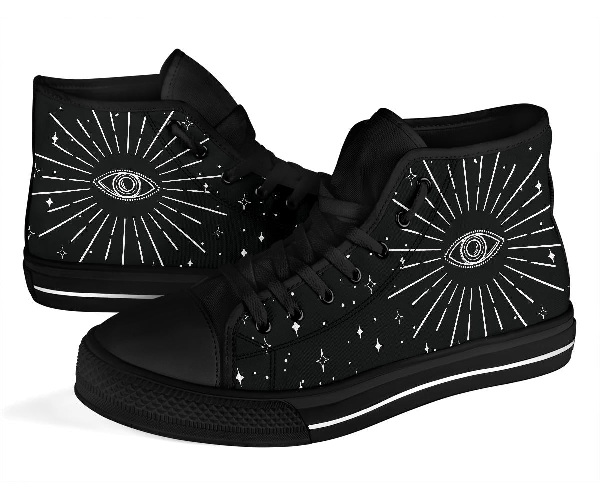 black psychic eye sneakers, witchy high tops shoes