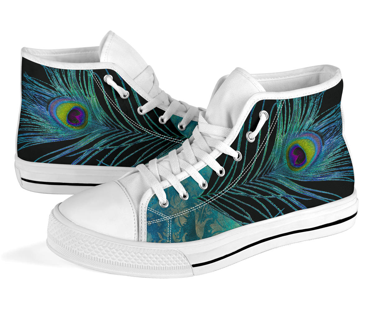 Teal Peacock Feather White High Top Shoes Sneakers