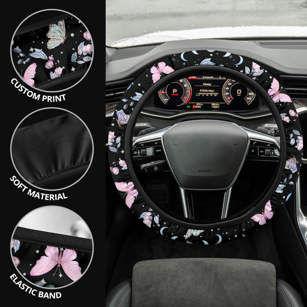 Pastel butterflies steering wheel cover, stars, moon phases