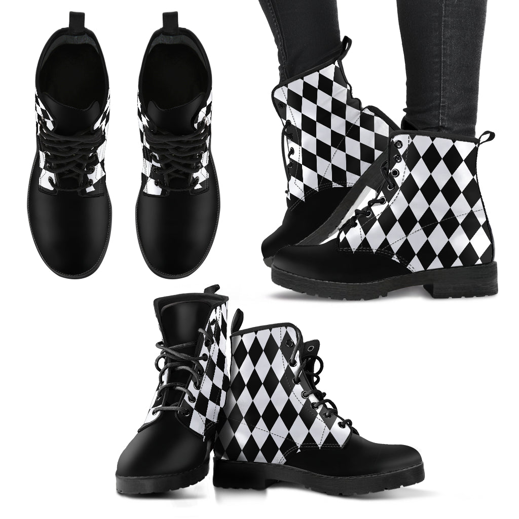 B&W Harlequin Ankle Boots, Lace Up Harley Boots