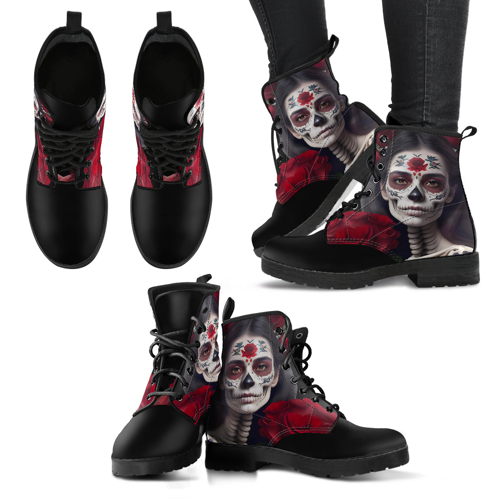 Day of the Dead Girl & Red Roses Boots, Skull and Crossbones, Combat Boots, Vegan Boots, Ankle Boots, Spooky Creepy Costume Goth Boots