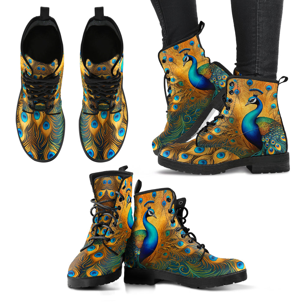 Golden Peacock Vegan Combat Boots, Design #NC009